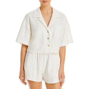 Aqua Swim Womens White Collared Pocket Terrycloth Crop Top Shirt L BHFO 0915 - Picture 1 of 2