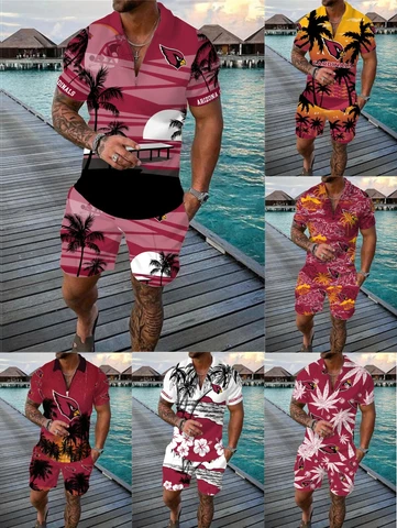 Arizona Cardinals 2 Pieces Outfits Casual Zip Collared Shirt Beach Shorts Set Cover