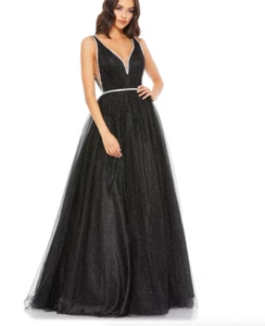 VESTIDO MAC DUGGAL 30727 ESTRÁS DETALLADO TUL NEGRO/PLATEADO talla 10 - Imagen 1 de 4