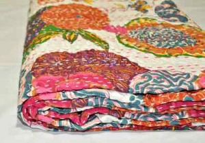 White Tropical Kantha Quilt in Queen Size BohemianKantha Blanket Indian Handmade - Picture 1 of 5