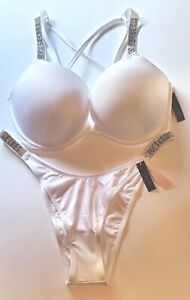 NEW Victoria Secret Bombshell 36DD/XL Add 2 Cups Shine Strap White Bikini Set