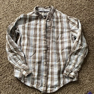 CHEROKEE Boys Med (8-10) Button Down Long  Sleeve Blue & White And Brown Plaid - Image 1 of 3