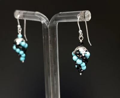 orecchini donna turchese onice nero argento bianco 925 grappolo uva pendenti - Immagine 1 di 4