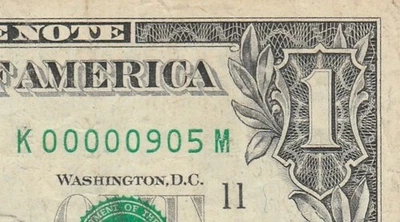 3 Digit FANCY Low Serial Number | 1995 $1 Federal Reserve Note | K 00000905 M - Image 1 of 3