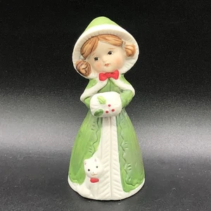 Vintage Jasco Merri Bells Christmas Girl With Kitten Cat Figurine Bisque - Picture 1 of 9