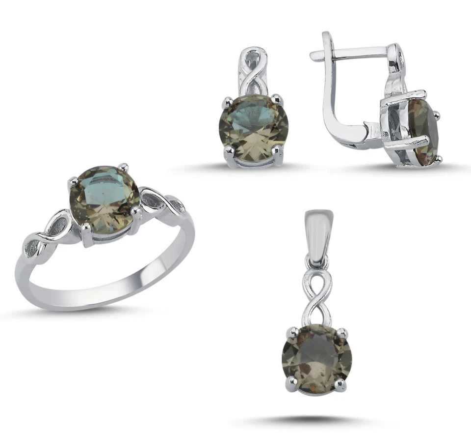 Zultanit Stein 925 Silber Schmuck Set Infinity Kette, Anhänger, Ohrringe, Ring - Bild 1 von 1