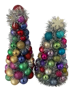 Christmas Ornament Cone Trees With Glitter & Tinsel Decorations 12 & 10 inch - Picture 1 of 5