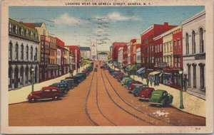 Looking West On Seneca St~Vehículos estacionados~Ginebra NY~Postal de colección - Imagen 1 de 2