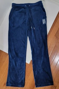 DKNY Womens Sz XS Blue Velour Rhinestone-Logo Sweatpants Loungewear Poseidon - Picture 1 of 6