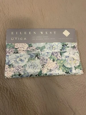 Eileen West DELPHINIUM II Blue Floral King Flat Bed Sheet Vintage New 1988 USA