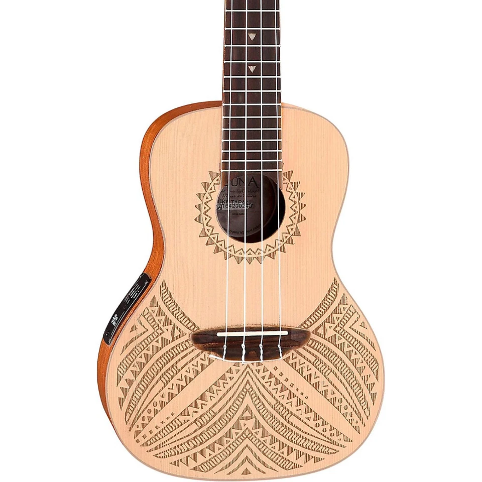 LUNA Guitars Concert Solid Spruce Top Tapa Design Acoustic Electric Ukulele