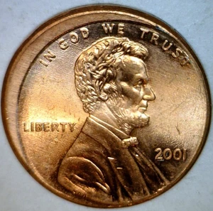 2001 ERROR OFF CENTER Lincoln Cent NICE BU + RED O/C Coin   FREE SHIP - Picture 1 of 2
