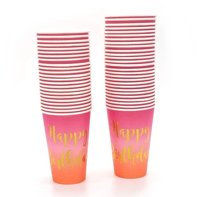 50 tazas de papel desechables de 12 oz para fiesta de feliz cumpleaños púrpura/rosa a coral dorado Foto 1 de 4