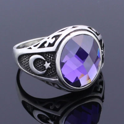 Anillo de plata de ley 925 con piedra amatista estrella de luna para hombre Foto 1 de 3