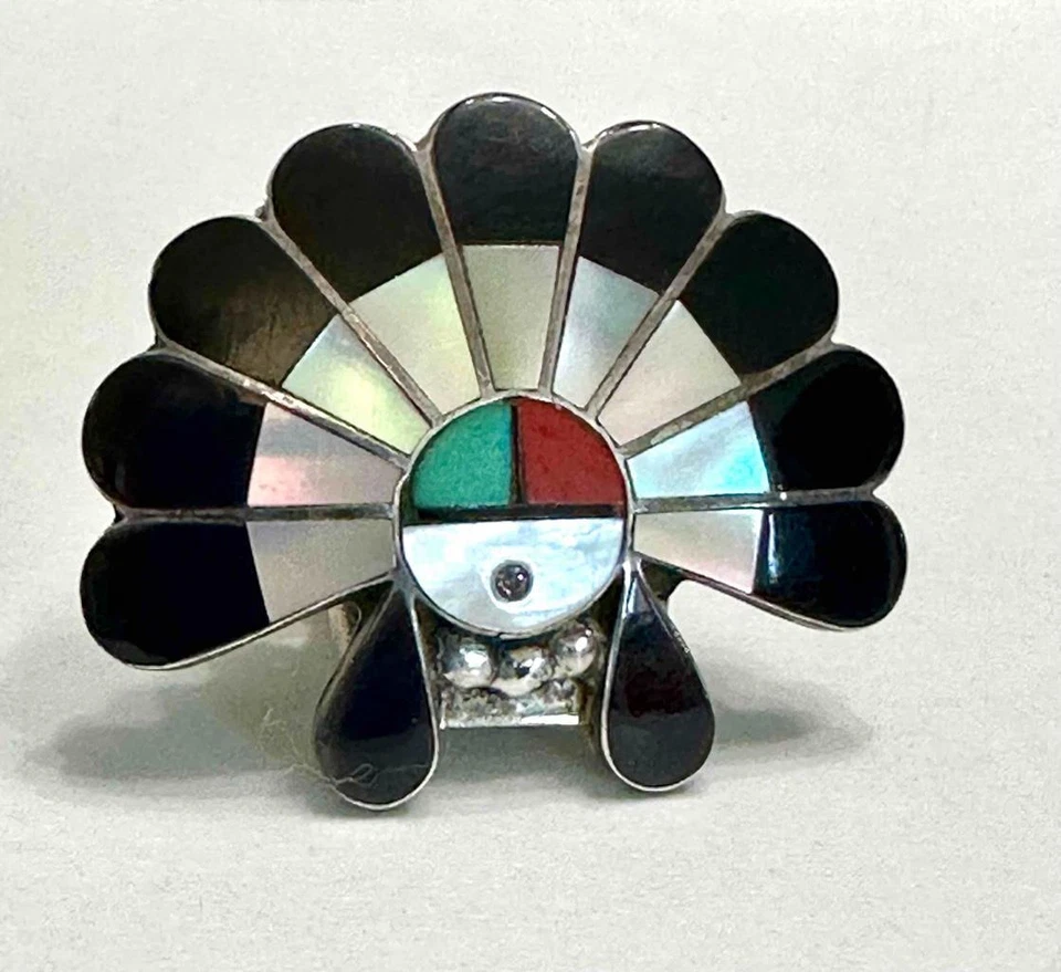Zuni Sterling Silver & Inlay Gemstone & Shell Sun Face Bolo Tie Slide-Slide Only - Image 1 of 1