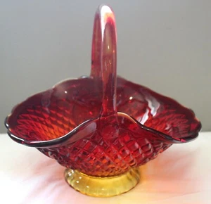 VINTAGE FENTON AMBERINA 1950'S RETRO RED & YELLOW LARGE DIAMOND FRUIT BASKET - Picture 1 of 3