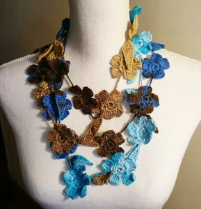 Crochet blue-brown flower summer necklace/Mother's Day handcrafted necklace - Picture 1 of 3