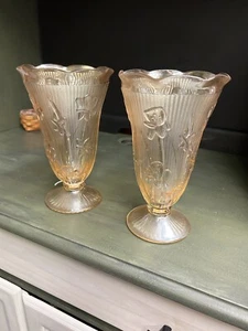 Pair Of Orange Carnival Glass Iris Vases - Picture 1 of 5