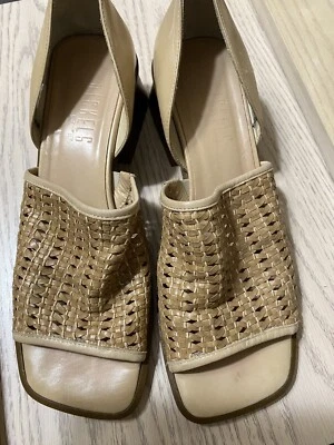 Zapato Cuero Tostado Punta Abierta Talla 10 M Tejido Top Cuadrado 1.5 Tacón Níquel Marca Foto 1 de 4