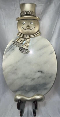 Godinger Marble Cheese Board Snowman Holiday Collection Silver Plated Cork Back - Image 1 of 4
