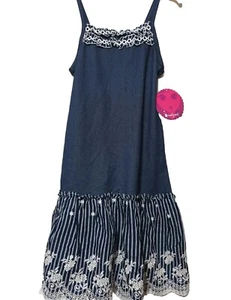 Emily West Mädchen Kleid 10 Rüschen bestickt Spitzenborte Baumwolle marineblau neu mit Etikett - Bild 1 von 19