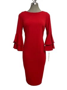 Gr. 4 Neu Calvin Klein Elegantes Damen Etuikleid Glockenärmel Rot Krepp - Bild 1 von 6