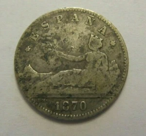 KM653 Spanien Una Peseta .835 Silber datiert 1870 (73) DE-M ** SELTEN** - Bild 1 von 2