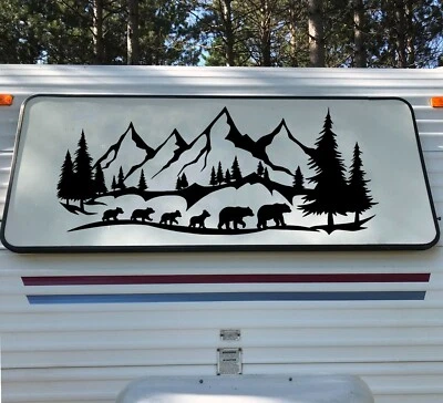 MINGLEWOOD TRADING Bear Family of 6 Mountains Forest Scene Vinyl Decal V5 | RV Camper | Die Cut