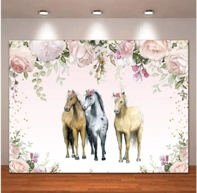 Carteles de arte colgantes de pared de vaqueros rosa cumpleaños caballos, fondo fotográfico.Nuevo Foto 1 de 4