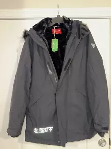 NWT Guess Eco Ales Men's Black Front-Zip Logo Faux Fur Hooded Parka Jacket Sz L. - Picture 1 of 8