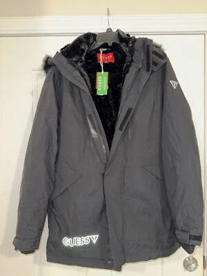 NWT Guess Eco Ales Men's Black Front-Zip Logo Faux Fur Hooded Parka Jacket Sz L. - Image 1 of 4