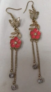Enamiled Earrings With Flower Motiff Has Butterflys With Pearls And Chains - Picture 1 of 2