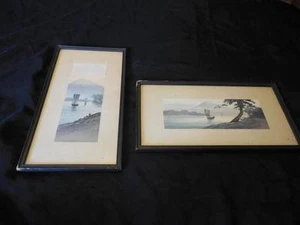 Vintage Antique Pair Signed Japanese Watercolor Paintings Ship Sail Boat Scenes - Picture 1 of 1