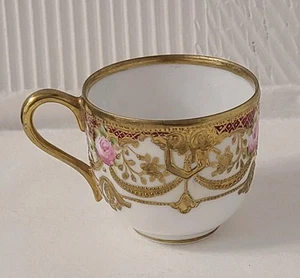 Antik 1911-1921 Noritake Nippon Demitasse Teetasse rosa Rosen weinrot Gold Detail - Bild 1 von 10