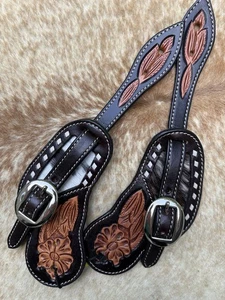 PAR de correas occidentales de cuero de grano superior tooled talla adulto para cabello en cuero de vaca - Imagen 1 de 6