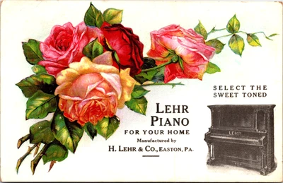 Vintage Flores de Rosas Vitorianas, Lehr Piano Cartão Comercial Vitoriano Easton, P.A - Imagem 1 de 3