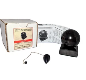 Shungite 50mm 2" Polished Sphere + Stone Base & Bonus Pendulum Chain Russian NEW - Picture 1 of 14