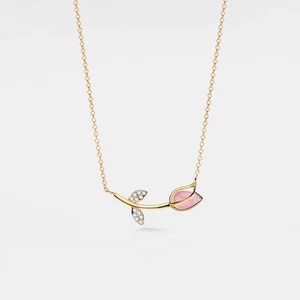 Pink Rose Quartz Tulip Flower Layering Necklace in 925 Sterling Silver - Picture 1 of 6