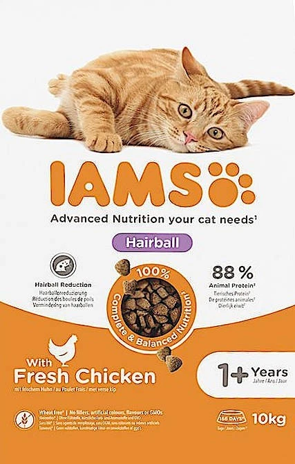 10 kg IAMS Hairball Adult 1+ (€ 4,70/kg) mit Huhn - Katzenfutter - Bild 1 von 1