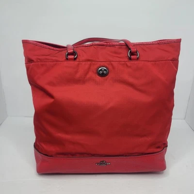 Coach Red Nylon Leather Zip Top Shoulder Tote Bag Purse F57903  - Image 1 of 4