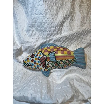 MacKenzie-Childs Ceramic Fish Knob 5in Colorful Checker Blue Pull Handle - Image 1 of 4