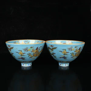 Exquisite Chinese Ancient Porcelain A Pair of Colorful Dragon Patterned Cups - Picture 1 of 8