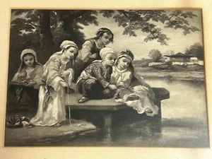 1876 Narciso-Virgile Diaz stampa antica "Pesca in costumi turchi" INCORNICIATA - Foto 1 di 6