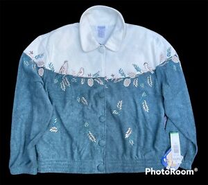 NWT Vintage Teddi Cabin Fever XL Women's Fleece Teal Embroidered Birds Mom Nana