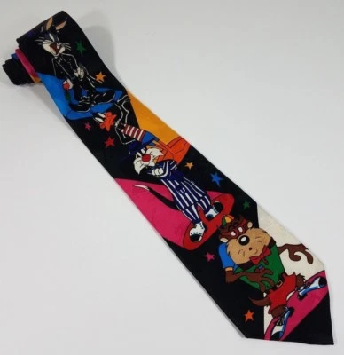 复古 1993 Looney Tunes Mania 字符黑色拼色领带 56 L x 3.75 W — 第 1/4 张图片