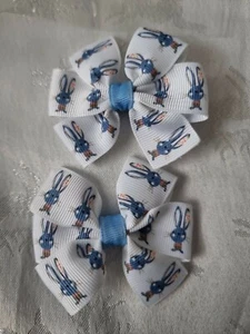 2x Girls Hair Bow Clips Blue White  Cute Bunny Rabbit Easter - Picture 1 of 1