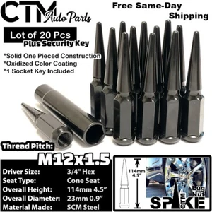20x 4.5" Tall 12x1.5 Black Spike Lug Nut 3/4" Hex + Key Fit Honda Acura - Picture 1 of 4