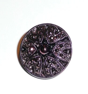 Pretty Czech Glass Shank Button 18mm Decorative Black w/ Hyacinth Accents - Image 1 of 4