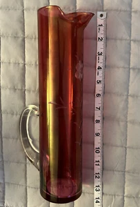 VTG Tall Ruby ❣️Flash Etched Flowers RCocktail Pitcher Glass Red - Picture 1 of 12