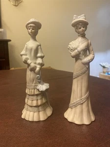 Porcelain Lady Figurines Holding Umbrella 8” tall Vintage Other Holding Boquet - Picture 1 of 4